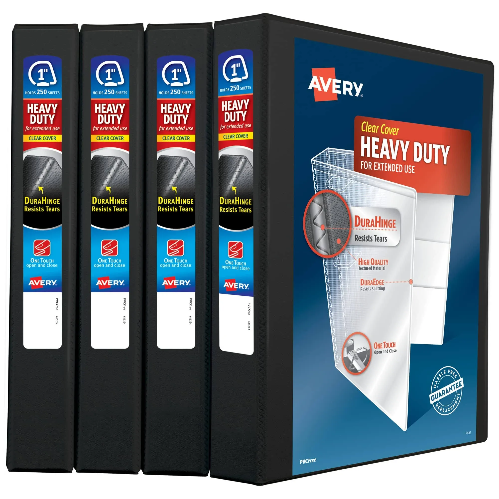 Avery Heavy-Duty View 3 Ring Binders, 1" One Touch Slant Rings, Black, Pack of 4