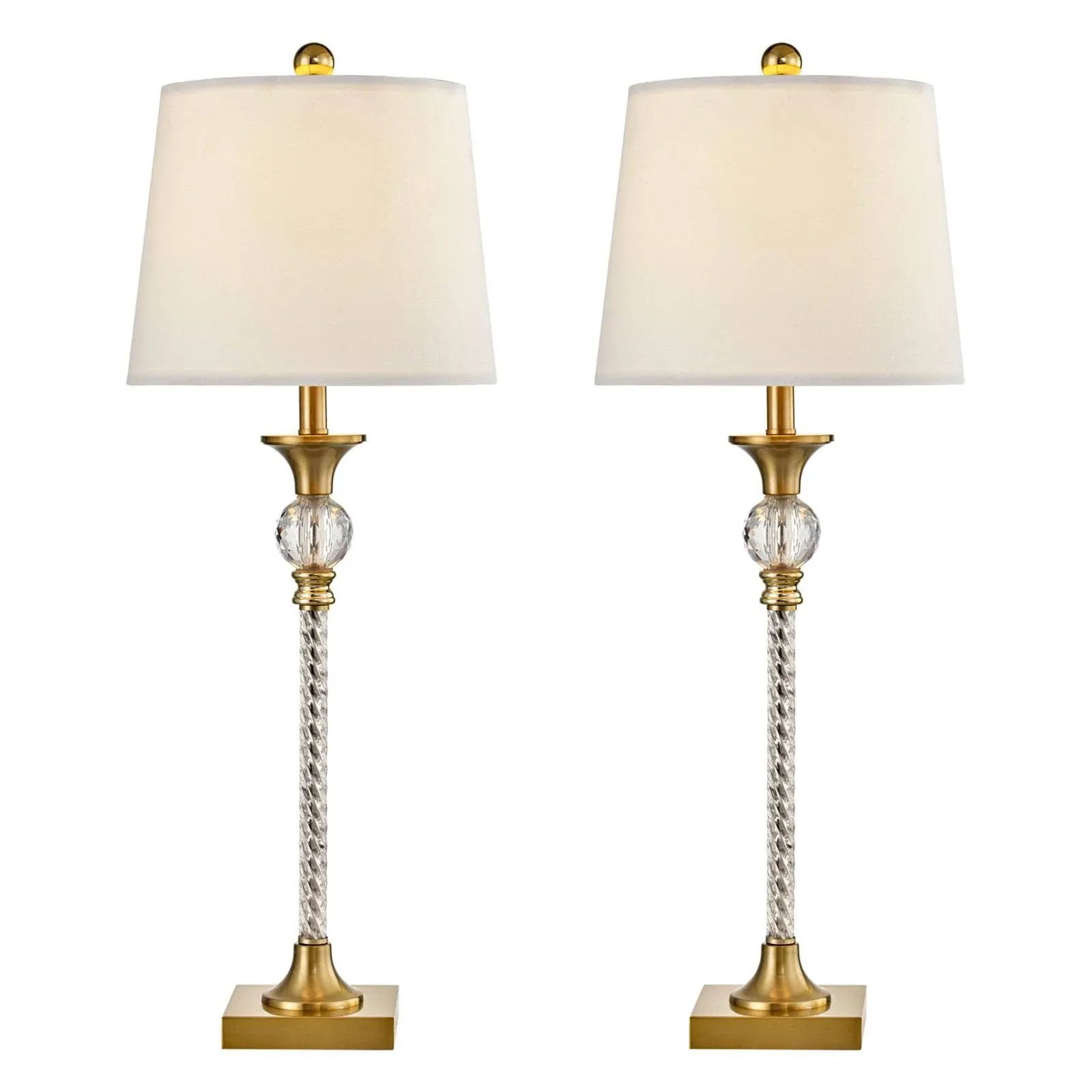 29" Crystal Buffet Table Lamps Set of 2, Modern Tall Skinny Brass Gold Bedside Lamps for Bedroom, 3-Way Dimmable End Table Nightstand Lamps with White Fabric Shade for Living Room, Entryway