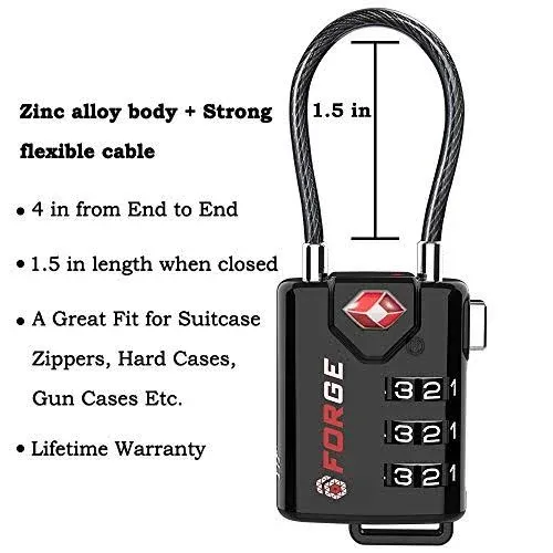 TSA Approved Cable Luggage Locks, Re-settable Combination with Alloy Body, Black 1 Lock.