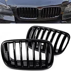 Front Grille For 2007-2014 BMW X5 E70 X6 E71，ABS Gloss Black Kidney Grill