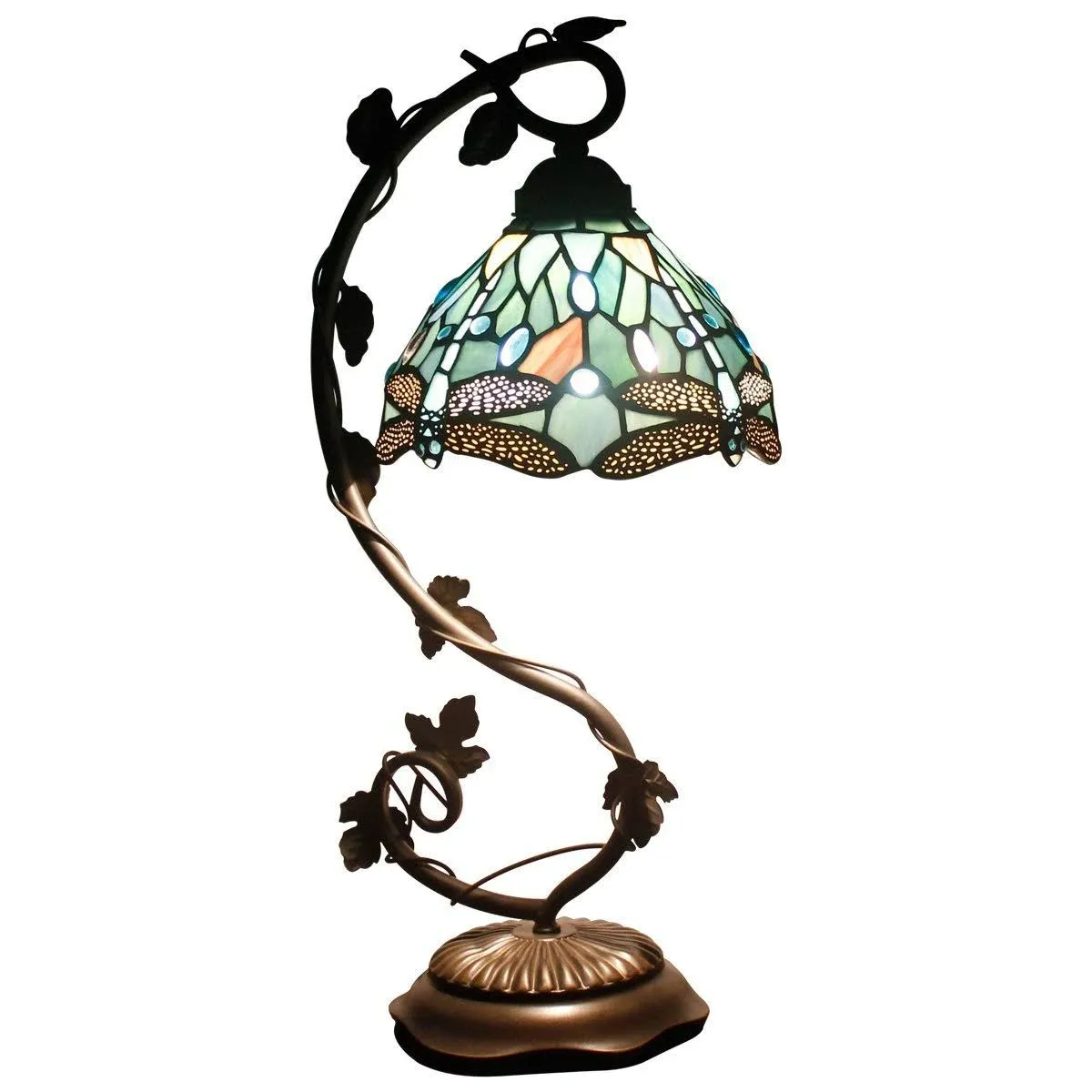 Tiffany Lamp Blue Dragonfly Style Stained Glass Table Lamp Desk Bedside Reading Light 12X12X19 Inches with Metal Leaf Base Decor Bedroom Living Room