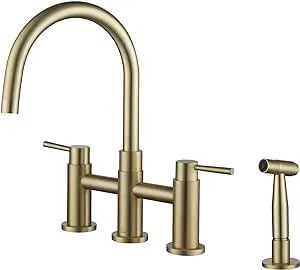 Double Handle Bridge Kitchen Faucet with Side Spray - Brushed Gold