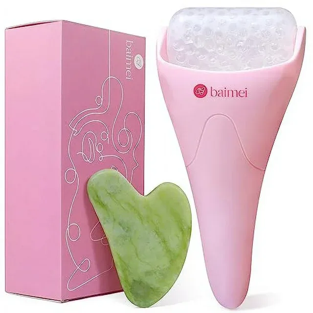 BAIMEI Ice Roller and Gua Sha Facial Tools, Skin Care Tools for face Reduces Puffiness Migraine Pain Relief, Self Care Gift for Men Women - Pink