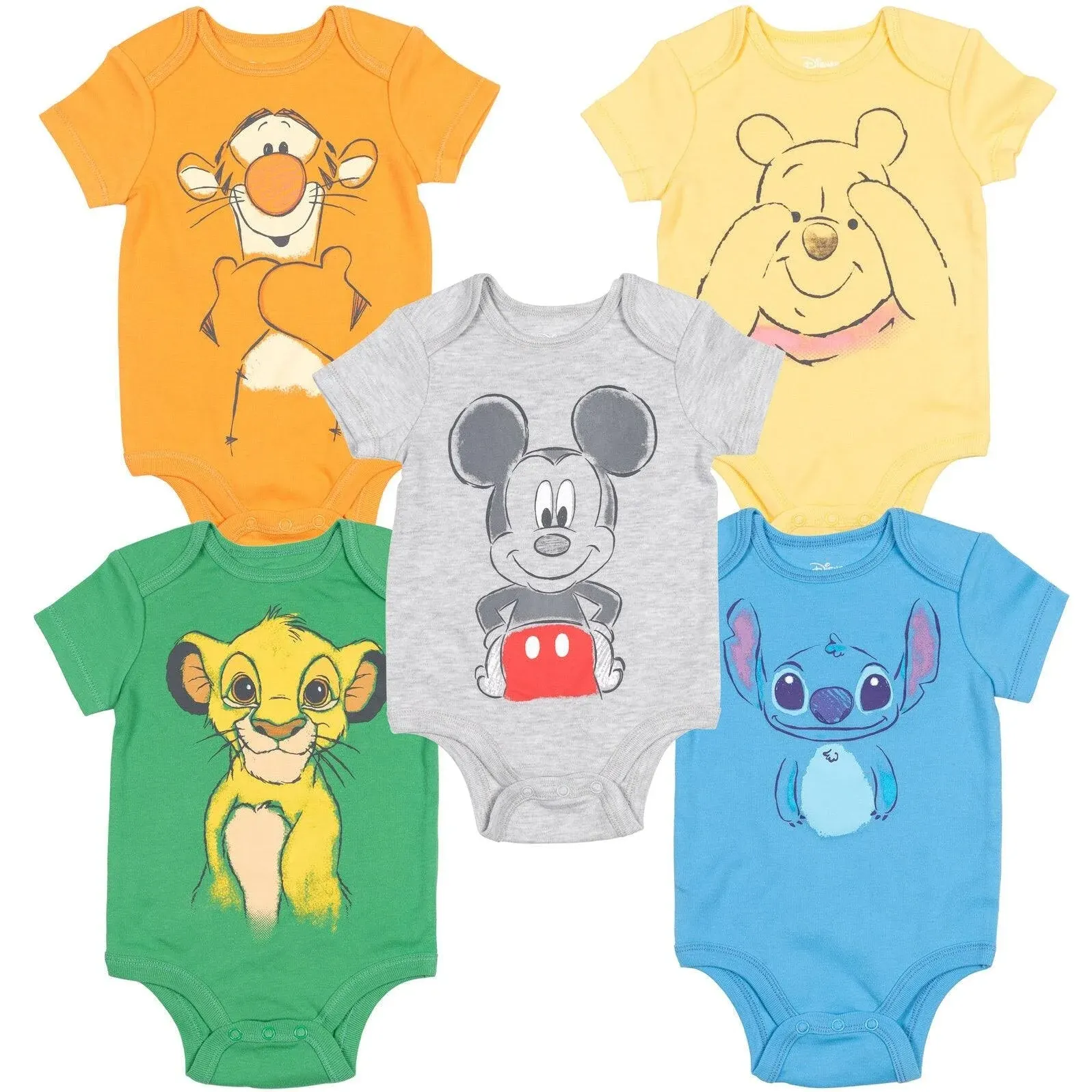 Disney Mickey Mouse Lion King Pooh Bear Tigger Stitch Baby 5 Pack Bodysuits Newborn