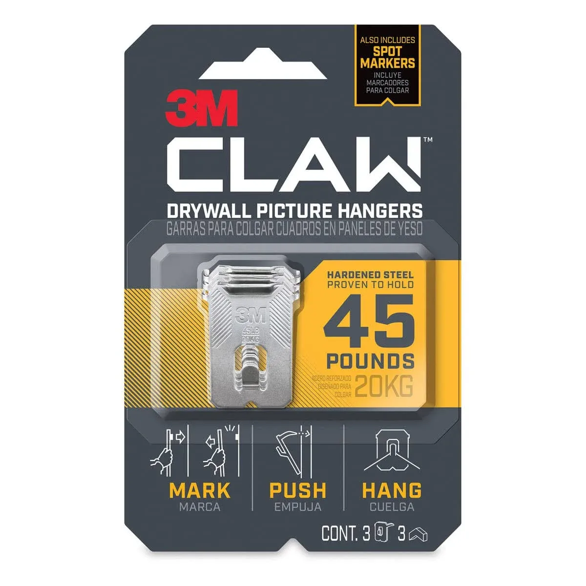 3M Claw Drywall Picture Hanger, 45 lb, 3-Pack