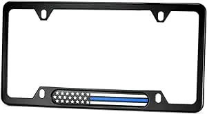 MULL Black Stainless Steel License Plate Frame (Black/Chrome Flag with Thin Blue Line)