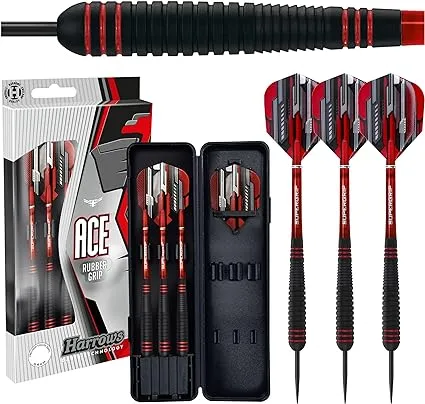 Harrows Ace Rubber Brass Steel Tip Darts Set 20g, 22g, 24g & 26g - Includes Supergrip Shafts, Micron Marathon Flights & Travel Case - 10pc Set