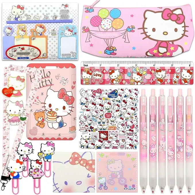 Ohjijinn Cute School Supplies Set, Kawaii Stationary Supplies, Includes Pencil Case, Ballpoint Pens, Ruler, Sticky Note, Stickers, Enamel Pins, Lanyard with ID Card Holder for Girls Gifts