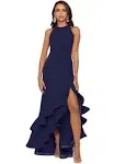 Betsy Adam Petite Size Round Neck Sleeveless Ruffled High-Low Hem Stretch Crepe Gown - 8p