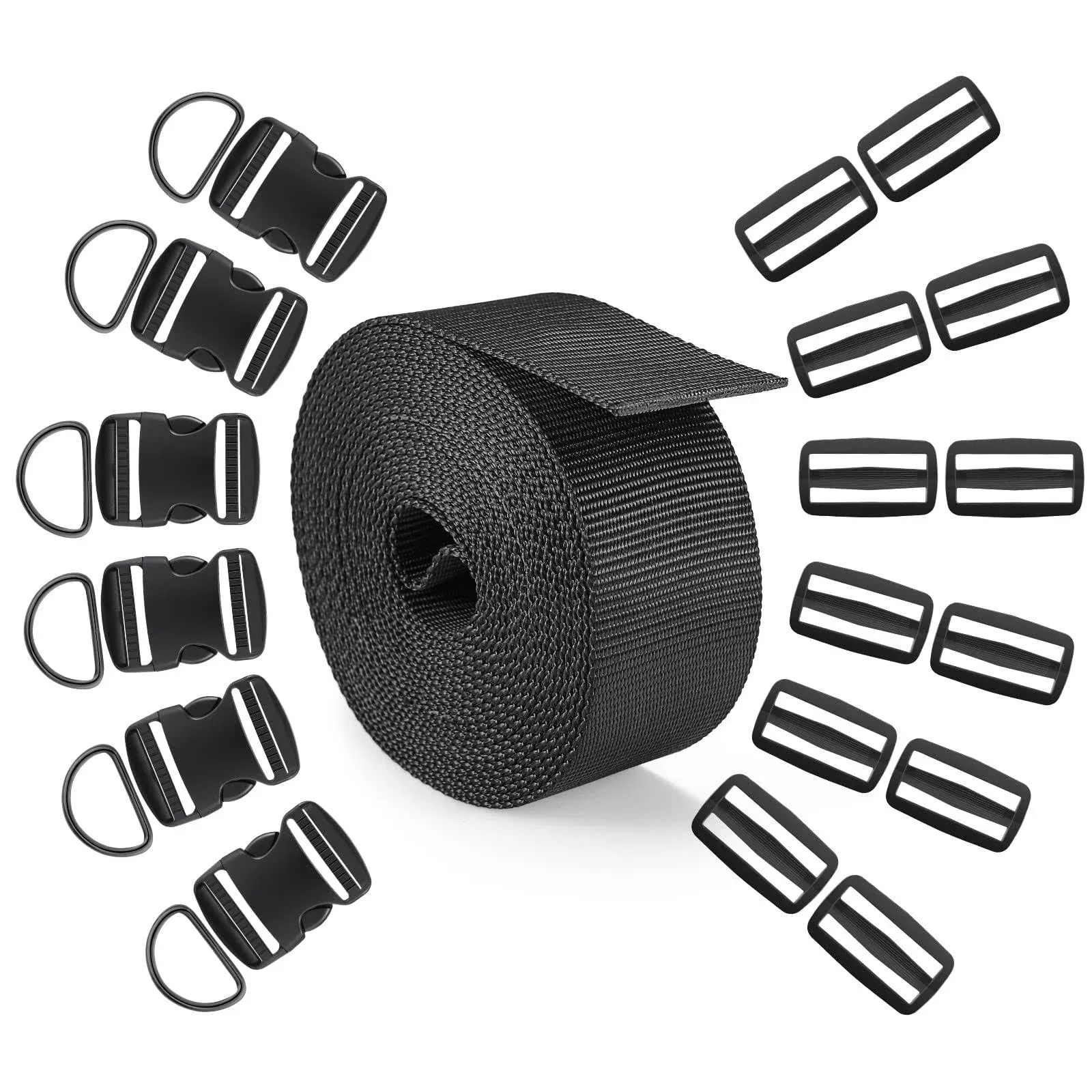 Buckle Strap 2 Inch, Nylon Webbing Strap 6 Yards, Quick Side Release Plastic Buckles Dual Adjustable 6 Pack, Tri-Glide Slide Clip 12 PCS, Metal D Rings 6 PCS, Heavy Duty Durable, Black (2 Inch)