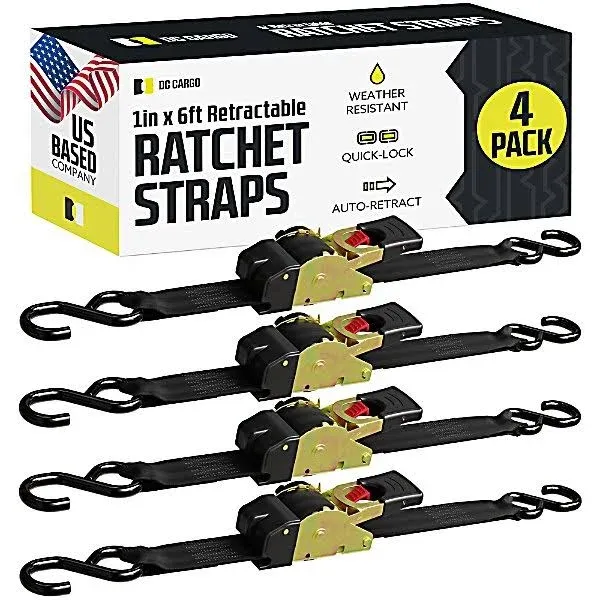 DC Cargo Auto-Retract Ratchet Strap with S-Hooks, 1"x6', 4-Pack