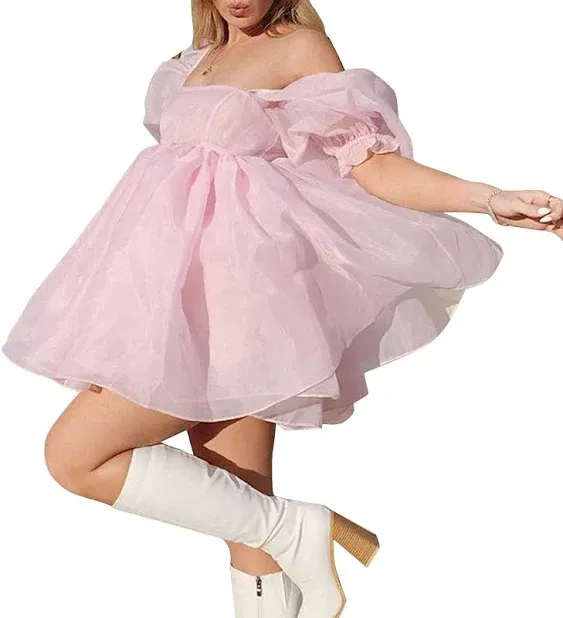 Womens Off-Shoulder Ruffled Fluffy Short-Sleeved Mesh Party Mini Princess Dress