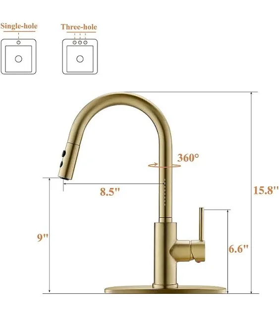 RULIA Kitchen Faucet, Kitchen Sink Faucet, Sink Faucet, Pull-Down Kitchen Faucets, Bar Kitchen Faucet, Brushed Brass, Metal Spray Head, RB1068