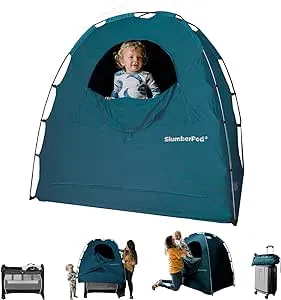 SlumberPod The Original Blackout Sleep Tent Travel Essential for Baby and Toddlers, Mini Crib and Pack n Play Cover, Sleep Pod with Monitor Pouch and Fan Pouch (Includes Fan), Blocks 95%+ Light, Teal