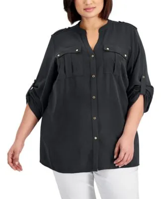 Calvin Klein Plus Womens Pocket Button-Down Top