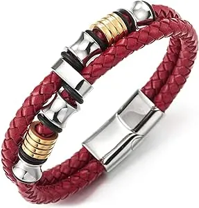 COOLSTEELANDBEYOND Mens Double-Row Braided Leather Bracelet Bangle Wristband with Stainless Steel Ornaments