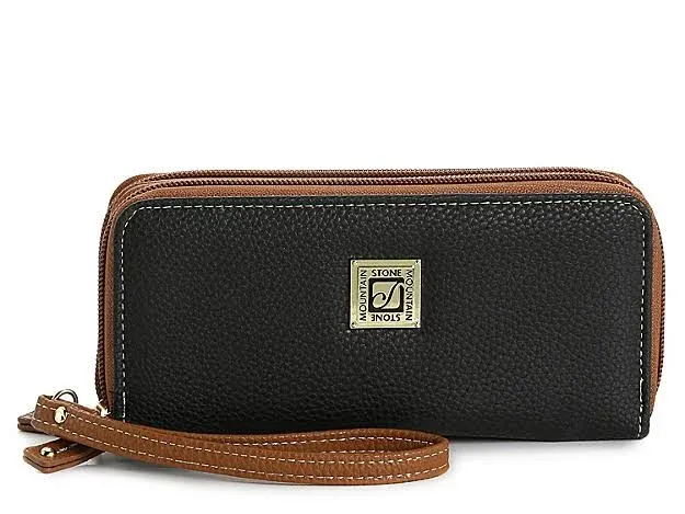 ANGIEHAIE Stone Mountain Cornwall Leather Double Zip Around Checkbook Wallet Black/Tan