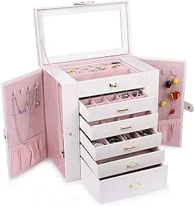 Kendal Extra Large Jewelry Box Jewelry Case PU Leather 6 Tier 5 Drawers Large Storage Capacity with Mirror Jewelry Storage Organizer Great Gift Also Good For Watches LJC-SHD5CM(White)