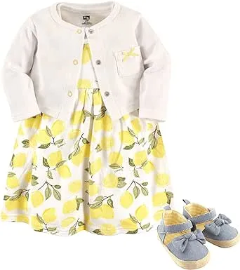 Hudson Baby Newborn Baby Girls' Cardigan, Dress & Shoes 3pc Set, Size: 3-6 Months, Lemon