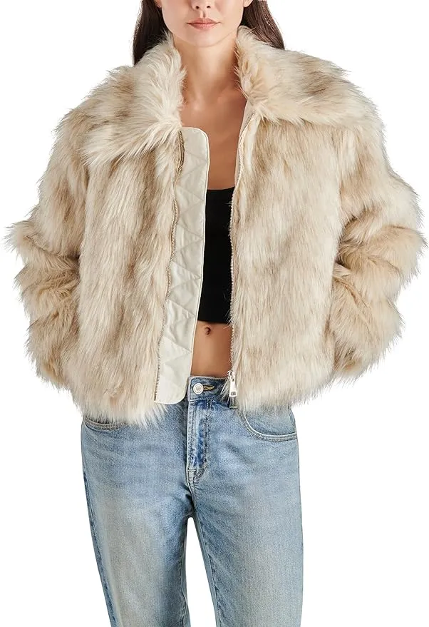 Steve Madden Women's Juniper Faux-Fur Cropped Coat - Cream - Size XS