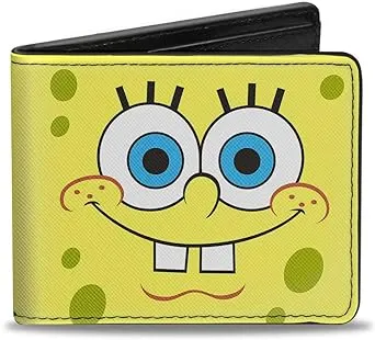 SpongeBob Squarepants Men's Buckle-Down PU Bifold Wallet-Spongebob Face Close-UP Yellows, Multicolor, 4.0" x 3.5"