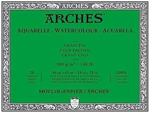 Arches Watercolor Block 18x24-inch Natural White 100% Cotton Paper - 20 Sheets of Arches Watercolor Paper 140 lb Cold Press - Arches Art Paper for Watercolor Gouache Ink Acrylic and More