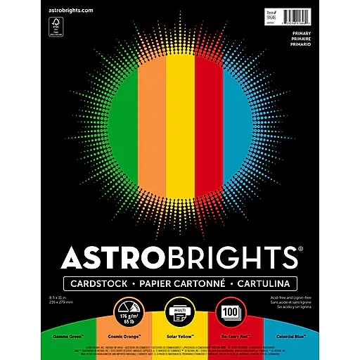 Astrobrights Color Cardstock -Primary Assortment, 65lb, 8.5 x 11, Assorted Primary Colors, 100/Pack