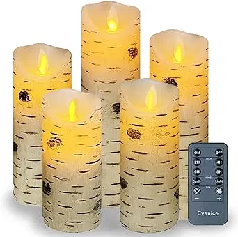 Flameless Candles Set of 5,Birch Bark Wax Candles (D2.2“ x H5”6“7”8" 9") with Timer and 10-Key Birch Bark