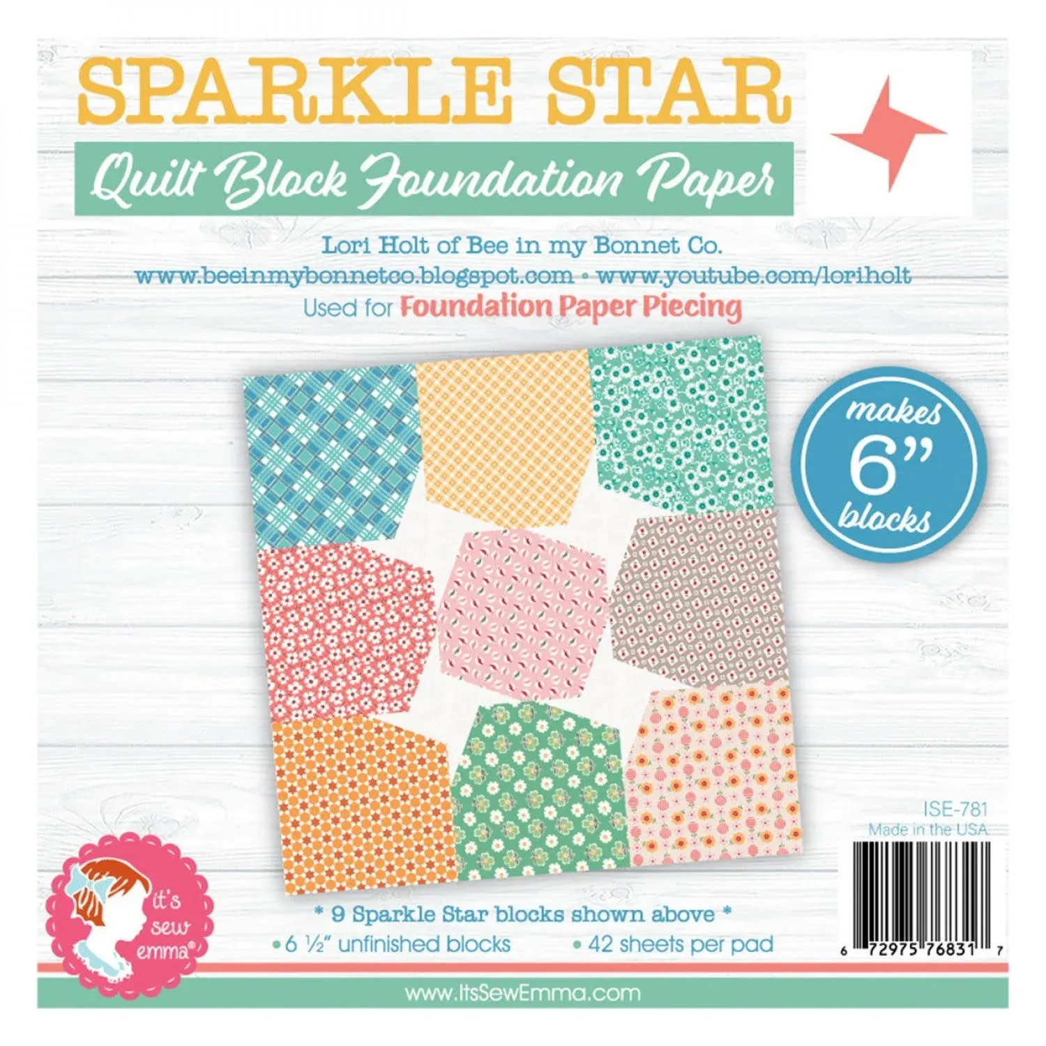 6in block Sparkle Star Quilt Block Foundation Paper