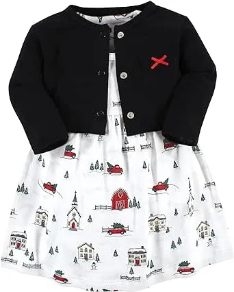 Hudson Baby Baby Girls Cotton Dress and Cardigan Set, Christmas Scene, 12-18 Months