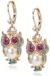 Betsey Johnson Women's Crystal Pearl Owl Drop Earrings