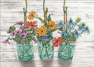 Dimensions 70-35378 Mason Jar Flowers Counted Cross Stitch Kit, 14 Cnt. White Aida Cloth, 14 x 10