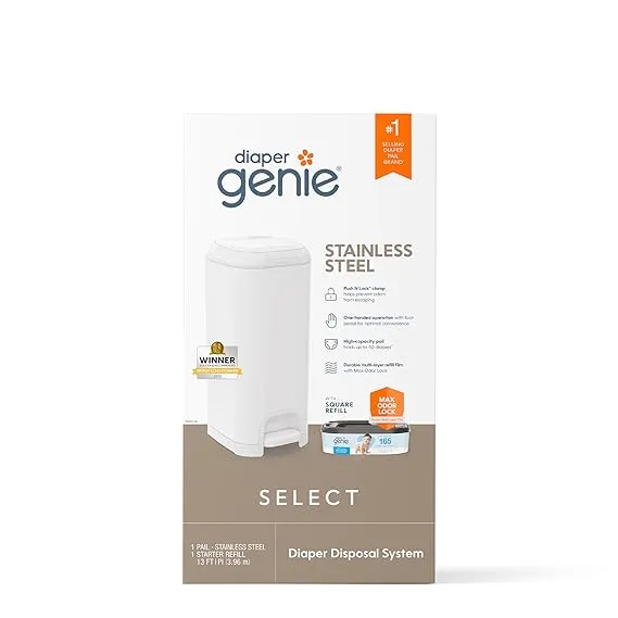 Diaper Genie Stainless Steel Metal Select Diaper Pail, White