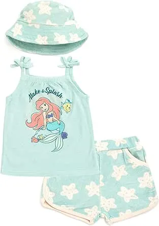 Disney Princess Ariel Newborn Baby Girls Tank Top Dolphin Shorts and Hat 3 Piece Green 0-3 Months