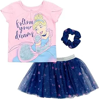 Disney Princess Cinderella Big Girls T-Shirt Mesh Skirt Tulle and Scrunchie 3 Piece Outfit Set 14-16