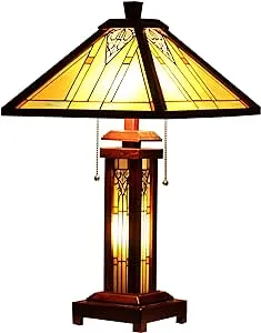 Chloe Lighting Zella Tiffany-Style Mission 3 Light Double Lit Wooden Table Lamp 15" Shade, Multicolor