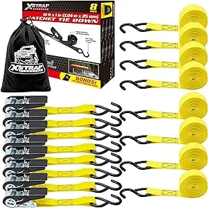 XSTRAP STANDARD Ratchet Tie Down Straps - 8PK - 1'' x 10 ft - 900 LB Break Strength Cargo Straps for Moving Appliances, Lawn Equipment, Motorcycle Yellow