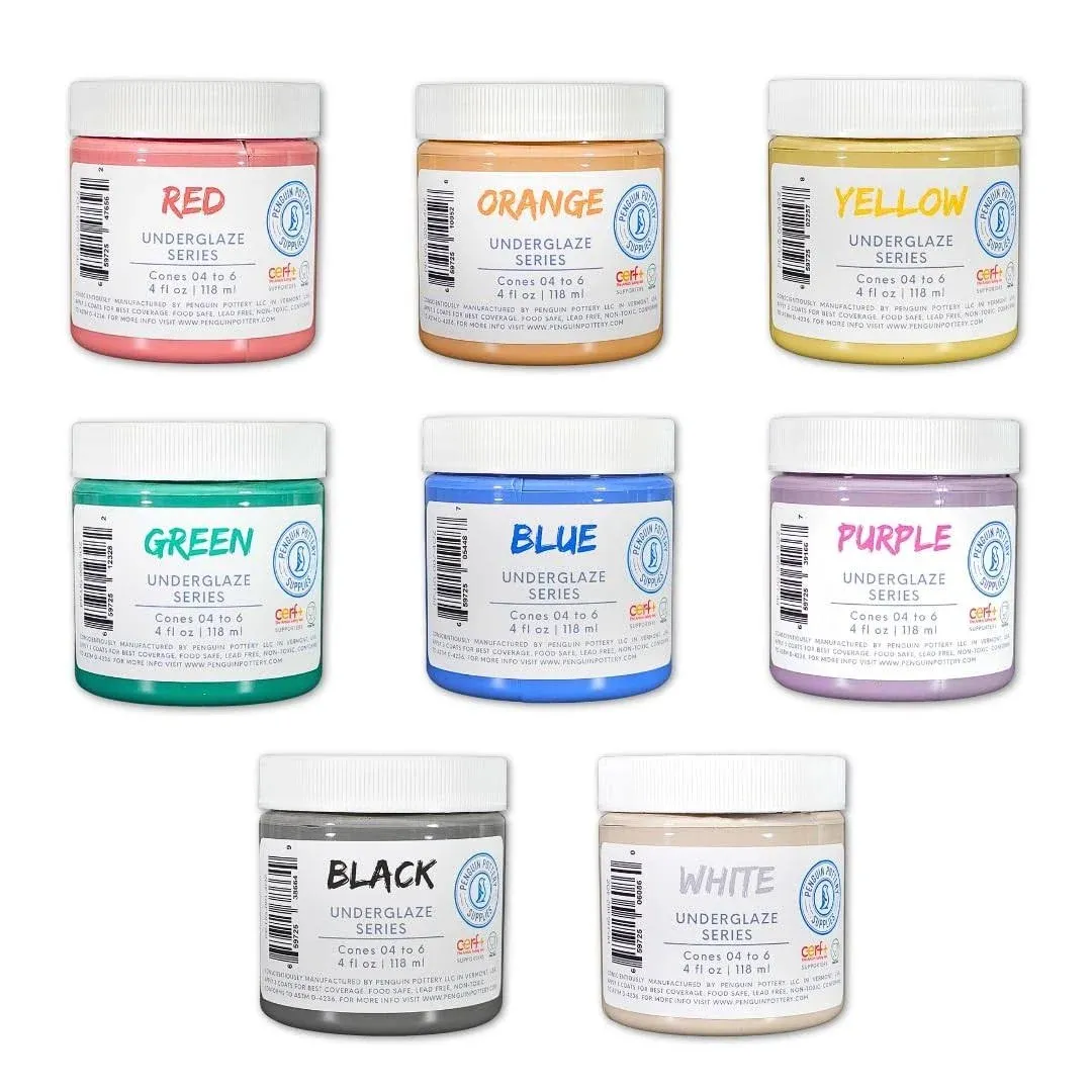 Penguin Pottery Underglaze for Ceramics - 8-Color Underglaze Set (4 oz Jars) - Ceramics Underglaze Cone 04 to Cone 6 - Paint Colors for Clay, Bisque - Under Glaze for Pottery - Low Fire to Mid Fire