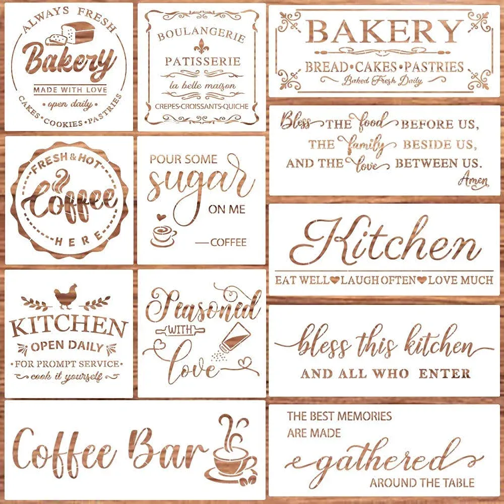 Farmhouse Kitchen Reusable Stencil for Painting on Wood,Bakery Sign Coffee Painting Stencils for Home Wall Dining Room Furniture DIY