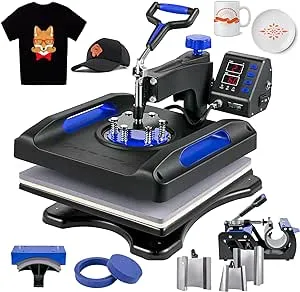 VEVOR Pro 15x15 Heat Press with 30 OZ Tumbler Attachment, 8in1 Combo Tumbler Hat Heat Press for T-Shirts, Tumblers Glass Cans Mugs Hats Caps, and Plates (Black & Blue)