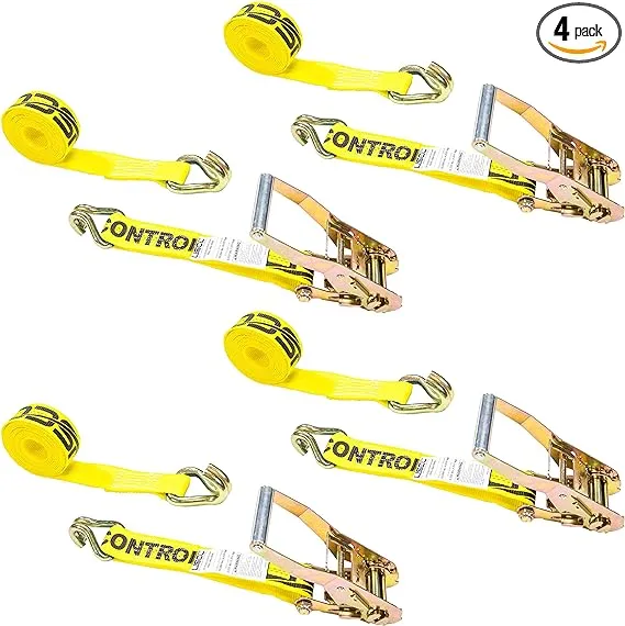 US Cargo Control Ratchet Tie Down Straps, 2 inch x 12 Foot Ratchet Straps with Double J Hooks, Yellow Ratchet Straps, Secure Cargo with Ease, Double J