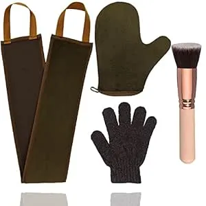 4 Pack Self Tanning Mitt Applicator Kit, with Self Tanner Mitt, Self Tan Back Applicator, Exfoliating Glove, Flat Top Face Tanner Brush, Tan mit for Self Sunless Tanner (brown)