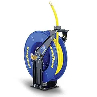 GOODYEAR Air Hose Reel Retractable 3/8" Inch x 50' Feet Long Premium Commercial SBR Hose Max 300 Psi Reinforced Steel Construction Heavy Duty Spring Driven Industrial Dual Arm & Pedestal