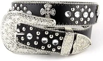 Cross Stud Nickel 1 1/4&#034; Genuine Leather Belt Punk Goth Thrash Metal Funk Plus