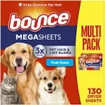 Bounce Pet Hair and Lint Guard Mega Dryer Sheets, Fresh Scent - 130 ct