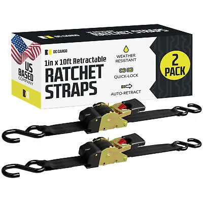 DC Cargo Retractable Ratchet Strap Tie Down Straps w/ S-Hooks 1&#034; x 10&#039; 2-pack