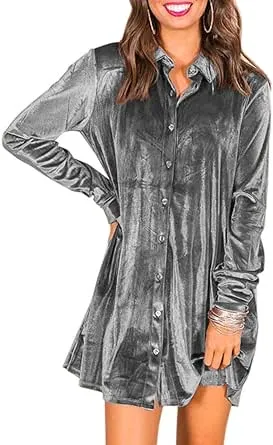 Ivay Women’s Spring Button Down Tshirt Dresses Velvet Tunic Dress With