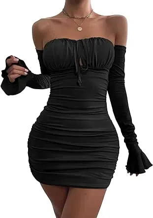 Womens Sexy Off Shoulder Bodycon Mini Dress Long Sleeve Halter Ruched Slinky Party Club Short Dresses