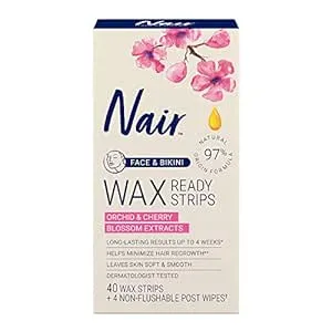 Nair Hair Remover Wax Ready Strips, Face and Bikini Hair Removal Wax Strips, 40 Count