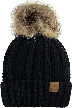 C.C Thick Cable Knit Faux Fuzzy Fur Pom Fleece Lined Skull Cap Cuff Beanie